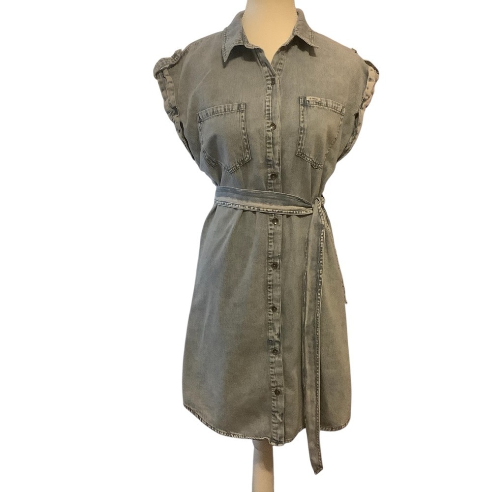 GARCIA BLUE DENIM SLEEVELESS COLLARED BUTTON-UP SHIRTDRESS/ TIE-UP BELT/ Size M